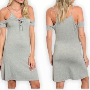 POOF! (Nordstrom) Cold Shoulder Mini Dress With Lace Up Detail Grey Stripe Large